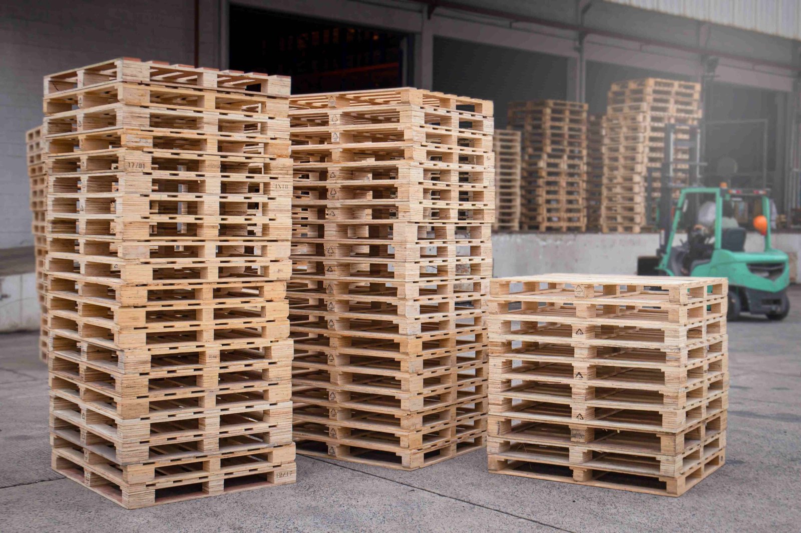 Voorraad houten pallets in een magazijn.